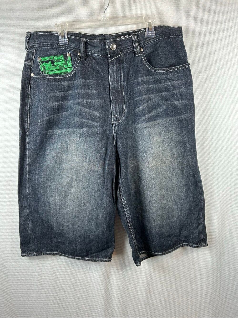 Vtg Ecko Unltd Baggy Denim Shorts Mens 38 Green Embroidery Y2K Hip Hop Cyber